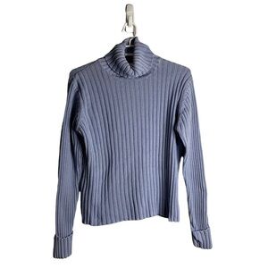 Laura Ashley Women's Blue Ribbed 100% Cotton Turtleneck Sweater